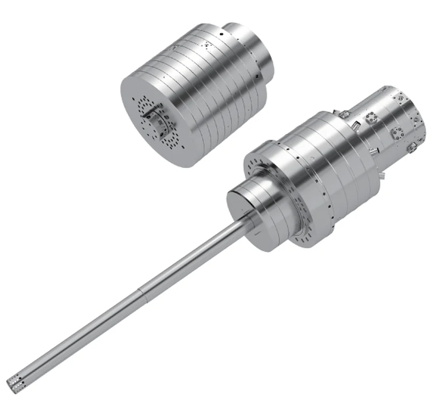 Multi-layer spiral die head shown from the side with the mandrel drawn out, the upper section lifted clear